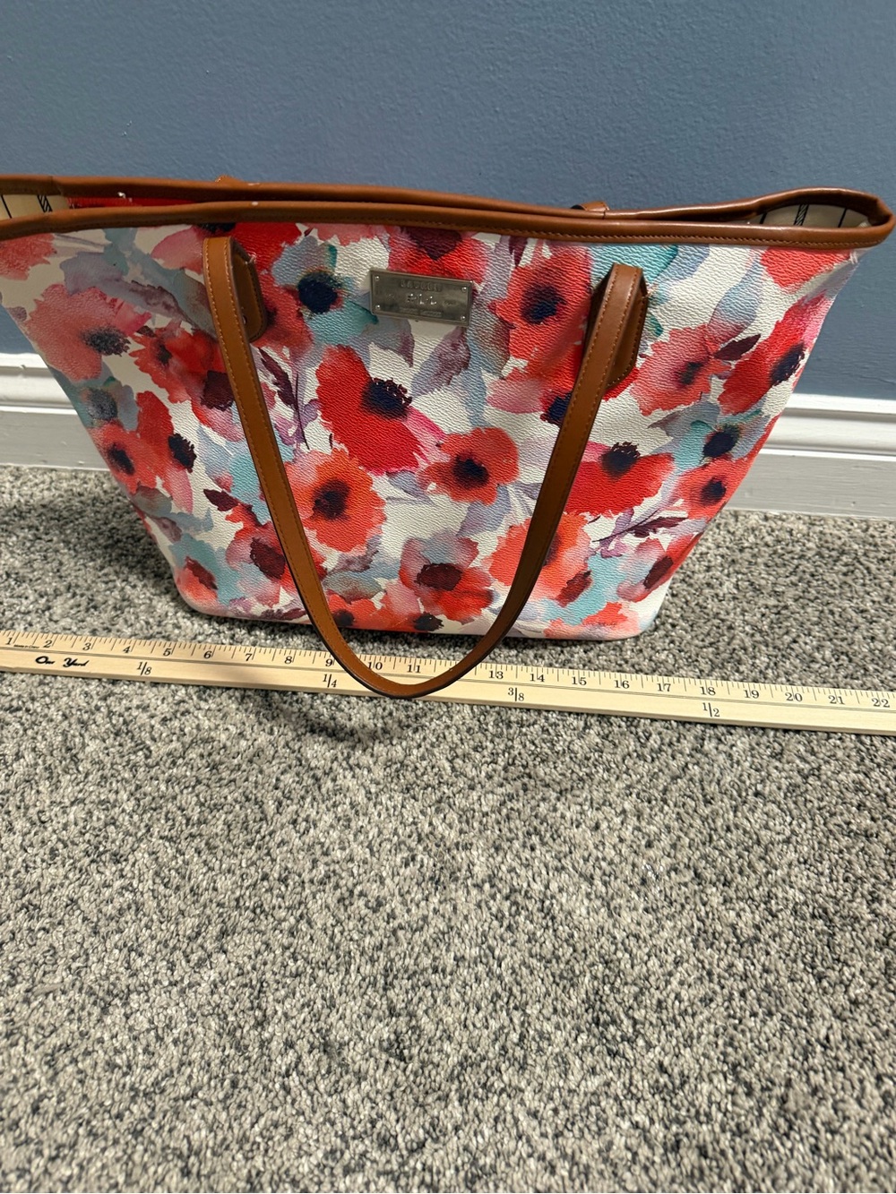 Lauren Ralph Lauren Floral Canvas Tote in Red, Coral & Blue with Brown Trim - Picture 6 of 12